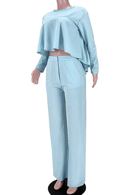 Orange Women Irregular Tops Flounce Zipper Pocket Pure Color Straight Leg Pants Two-Pieces GL6509-2