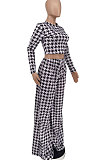 Green Wholesale Newest Plaid Print Long Sleeve O Neck Crop Tops Wide Leg Pants Fashion Sets ZDD31165-1