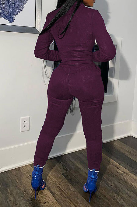 Navy Blue Cotton Blend Casual Long Sleeve Stand Neck Zip Front Coat Bodycon Pants Elastic Sport Sets YYF8252-3