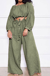 Army Green Women Cotton Blend Ruffle Condole Belt Bandage Pure Color Wide Leg Pants Two-Pieces GL6511-5