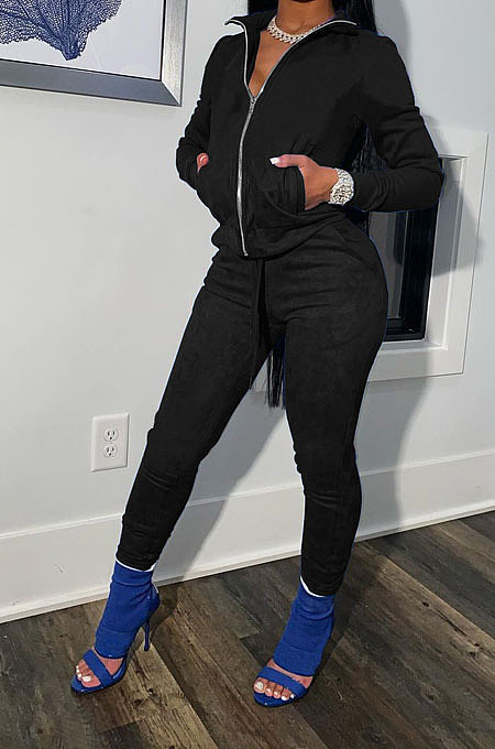 Black Cotton Blend Casual Long Sleeve Stand Neck Zip Front Coat Bodycon Pants Elastic Sport Sets YYF8252-1