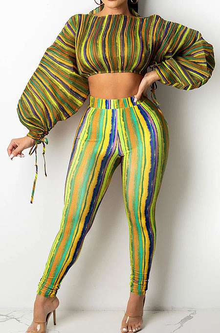 Yellow Casual Digital Stripe Printing Arm Drawsting Long Sleeve Round Collar Crop Tops Pencil Pants Two-Piece SZS8175-2