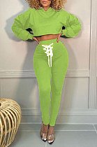 Light Green Women Trendy Sport Cotton Pure Color Bnadage Bodycon Hooded Tops Pants Sets PH13261-11