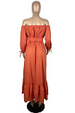 Orange  Fashion A Wrod Shoulder Long Sleeve Collect Waist Swing Solid Color With Beltband  Dress LS6468 