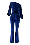 Coffee Women Solid Color Pullover Velvet A Word Shoulder Lantern Sleeve Pocket Flare Leg Pants Sets GL6517-4