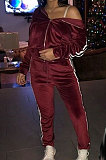 Black Casual Modest Velvet Side Strip Spliced Long Sleeve Zip Front Hoodie Bodycon Pants Sport Sets LS6475-3