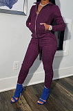 Grape Purple Cotton Blend Casual Long Sleeve Stand Neck Zip Front Coat Bodycon Pants Elastic Sport Sets YYF8252-2