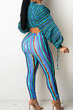 Lake Blue Casual Digital Stripe Printing Arm Drawsting Long Sleeve Round Collar Crop Tops Pencil Pants Two-Piece SZS8175-1