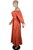 Orange  Fashion A Wrod Shoulder Long Sleeve Collect Waist Swing Solid Color With Beltband  Dress LS6468 