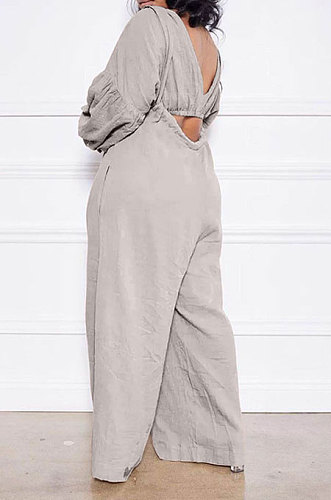 Gray Women Cotton Blend Ruffle Condole Belt Bandage Pure Color Wide Leg Pants Two-Pieces GL6511-1