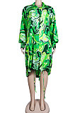 Green Euramerican Women Irregular Digital Printing V Collar Mid Waist Midi Dress K2201-1