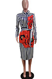 Khaki Wholesale Stripe Printing Long Sleeve Lapel Neck Single-Breasted With Beltband Shirt Dress WY6849-1
