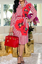 Red Wholesale Stripe Printing Long Sleeve Lapel Neck Single-Breasted With Beltband Shirt Dress WY6849-5