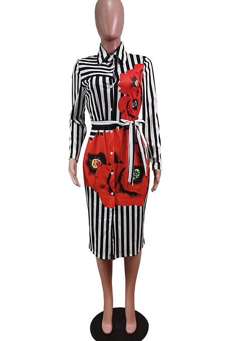 Red Wholesale Stripe Printing Long Sleeve Lapel Neck Single-Breasted With Beltband Shirt Dress WY6849-5
