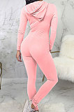 Pink Casual Wholesale Long Sleeve Zip Front Collect Waist Hooded Bodycon Jumpsuits SMR10648-1