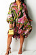 Pink Euramerican Women Irregular Digital Printing V Collar Mid Waist Midi Dress K2201-2
