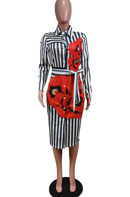 Khaki Wholesale Stripe Printing Long Sleeve Lapel Neck Single-Breasted With Beltband Shirt Dress WY6849-1