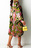 Pink Euramerican Women Irregular Digital Printing V Collar Mid Waist Midi Dress K2201-2