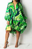 Pink Euramerican Women Irregular Digital Printing V Collar Mid Waist Midi Dress K2201-2