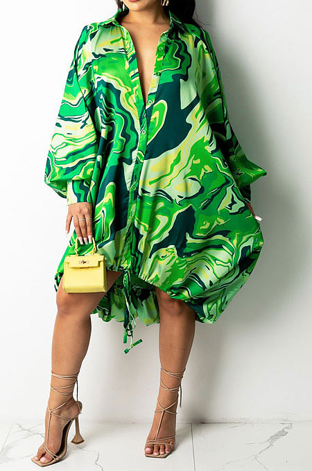Blue Euramerican Women Irregular Digital Printing V Collar Mid Waist Midi Dress K2201-3