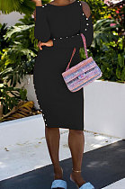 Black Night Club Off Shoulder Long Sleeve Round Collar Collect Waist Collect Waist Pencil Dress WY6847-1