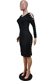 Black Night Club Off Shoulder Long Sleeve Round Collar Collect Waist Collect Waist Pencil Dress WY6847-1