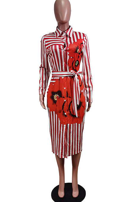 Red Wholesale Stripe Printing Long Sleeve Lapel Neck Single-Breasted With Beltband Shirt Dress WY6849-5