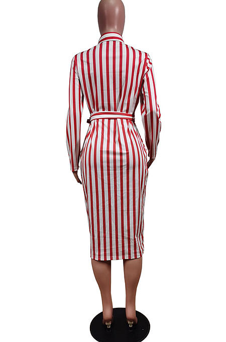 Khaki Wholesale Stripe Printing Long Sleeve Lapel Neck Single-Breasted With Beltband Shirt Dress WY6849-1