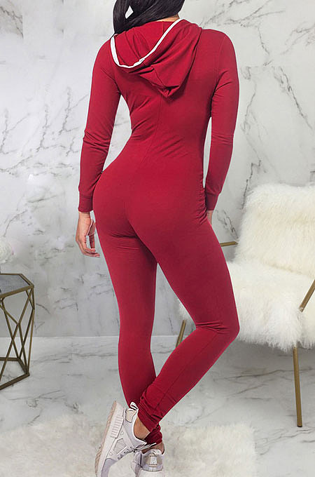 Pink Casual Wholesale Long Sleeve Zip Front Collect Waist Hooded Bodycon Jumpsuits SMR10648-1