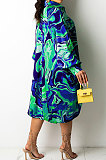Green Euramerican Women Irregular Digital Printing V Collar Mid Waist Midi Dress K2201-1