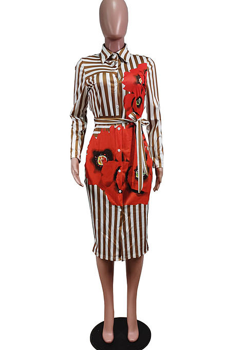 Khaki Wholesale Stripe Printing Long Sleeve Lapel Neck Single-Breasted With Beltband Shirt Dress WY6849-1