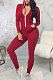 Wine Red Casual Wholesale Long Sleeve Zip Front Collect Waist Hooded Bodycon Jumpsuits SMR10648-2