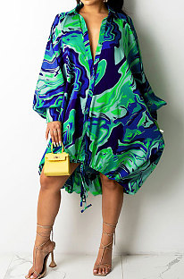 Blue Euramerican Women Irregular Digital Printing V Collar Mid Waist Midi Dress K2201-3