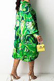 Pink Euramerican Women Irregular Digital Printing V Collar Mid Waist Midi Dress K2201-2