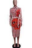Khaki Wholesale Stripe Printing Long Sleeve Lapel Neck Single-Breasted With Beltband Shirt Dress WY6849-1