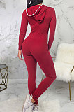Black Casual Wholesale Long Sleeve Zip Front Collect Waist Hooded Bodycon Jumpsuits SMR10648-3