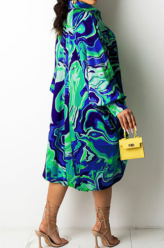 Blue Euramerican Women Irregular Digital Printing V Collar Mid Waist Midi Dress K2201-3