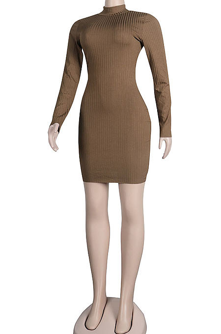 Brown Euramerican Sexy Women Ribber Solid Color Round Collar Backless Mini Dress KA7203-1