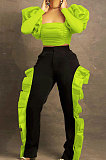 Orange Yellow Wholesale Sexy Puff Sleeve Low-Cut Back Bowknot Crop Tops Ruffle Pants Sets SZS8179-2