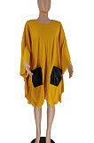 Light Blue Women Fashion Simplee Solid Color Loose Round Collar Swing Spliced Mini Dress PU6095-4