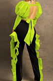 Orange Yellow Wholesale Sexy Puff Sleeve Low-Cut Back Bowknot Crop Tops Ruffle Pants Sets SZS8179-2