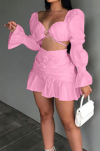 Pink Sexy Cute Lantern Sleeve Strapless High Waist Ruffle Mini Skirts Solid Color Sets ALS267-5
