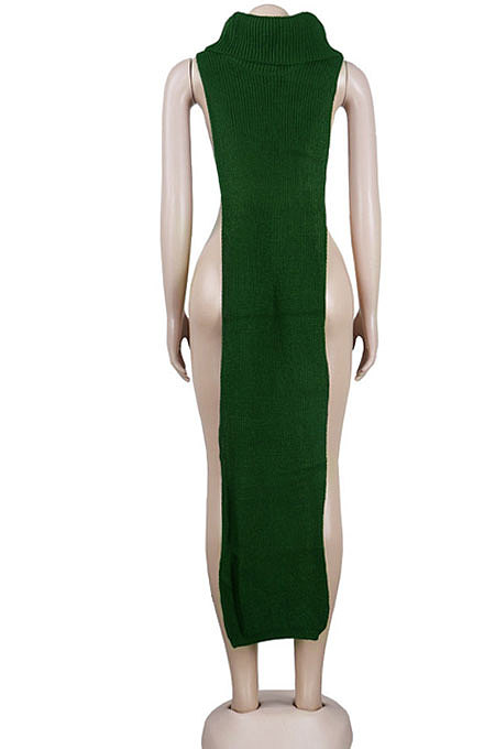 Apricot Women High Collar Mid Waist Sleeveless Pure Color Pullover Split Long Dress K066-4