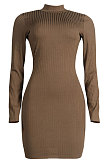 Brown Euramerican Sexy Women Ribber Solid Color Round Collar Backless Mini Dress KA7203-1