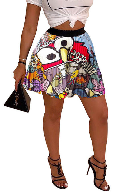 Gray Blue Women Fashion Printing Ruffle Skirts BM7145-4