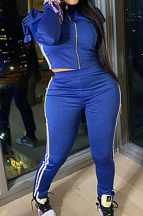 Blue Autumn Winter Side Strip Spliced Long Sleeve Zip Front Coat Pencil Pants Sport Sets OEP6311-3