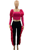Orange Yellow Wholesale Sexy Puff Sleeve Low-Cut Back Bowknot Crop Tops Ruffle Pants Sets SZS8179-2