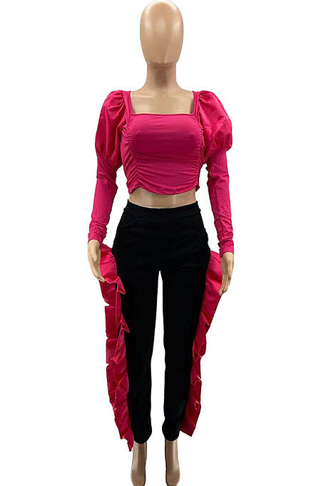 Rose Red Wholesale Sexy Puff Sleeve Low-Cut Back Bowknot Crop Tops Ruffle Pants Sets SZS8179-3