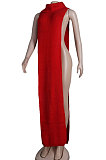Red Women High Collar Mid Waist Sleeveless Pure Color Pullover Split Long Dress K066-1