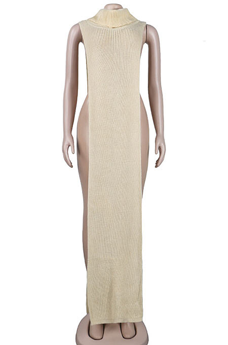 Apricot Women High Collar Mid Waist Sleeveless Pure Color Pullover Split Long Dress K066-4